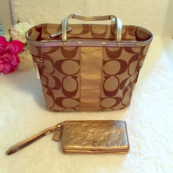 Coach Signature Khaki Metallic Tote & Gold Wristlet - Picture 8 of 8